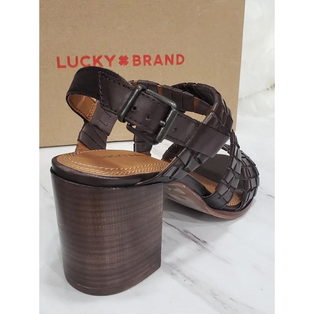 NEW SZ 10 Lucky Brand Shoes DARK Brown Leather Block Heel Sandals Dabene‎ chunky